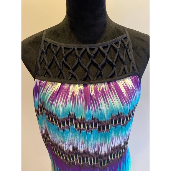 Bisou Bisou Blouse Size Large Top Purple Green Silky Feel Sleeveless Woven Neck - Picture 3 of 10